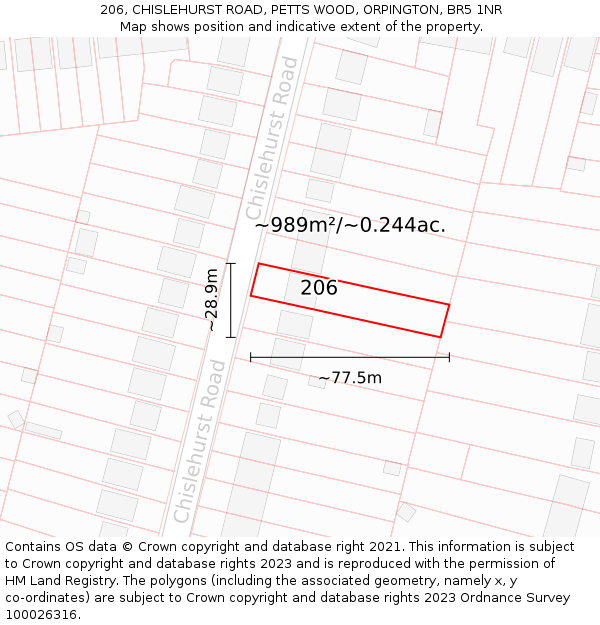206, CHISLEHURST ROAD, PETTS WOOD, ORPINGTON, BR5 1NR: Plot and title map