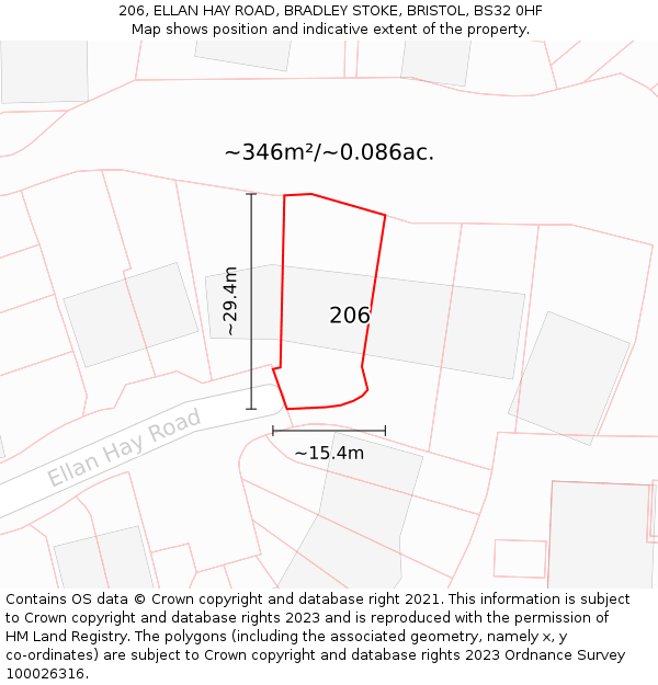 206, ELLAN HAY ROAD, BRADLEY STOKE, BRISTOL, BS32 0HF: Plot and title map