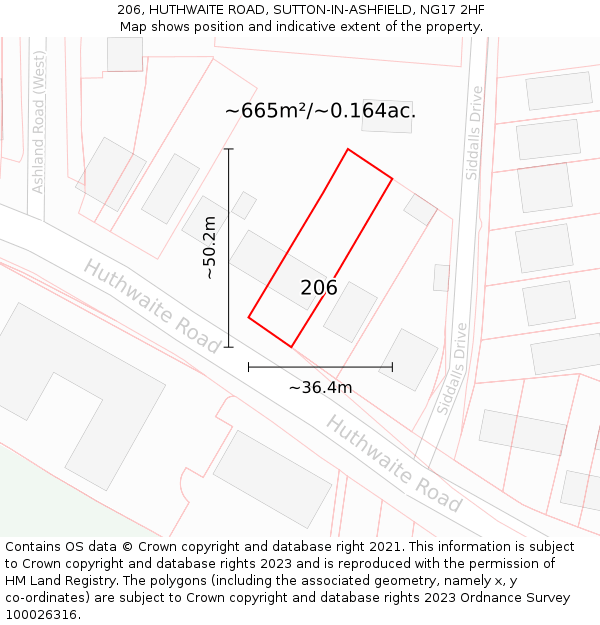 206, HUTHWAITE ROAD, SUTTON-IN-ASHFIELD, NG17 2HF: Plot and title map