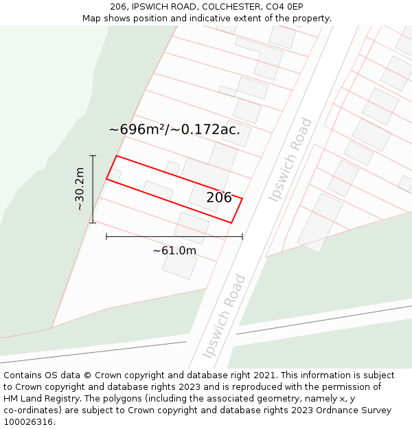 206, IPSWICH ROAD, COLCHESTER, CO4 0EP: Plot and title map