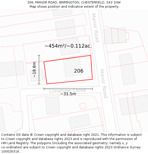 206, MANOR ROAD, BRIMINGTON, CHESTERFIELD, S43 1NW: Plot and title map