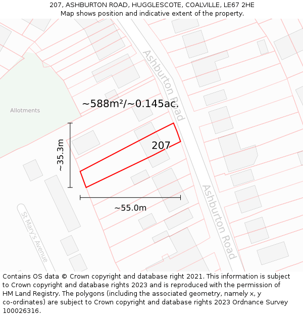 207, ASHBURTON ROAD, HUGGLESCOTE, COALVILLE, LE67 2HE: Plot and title map