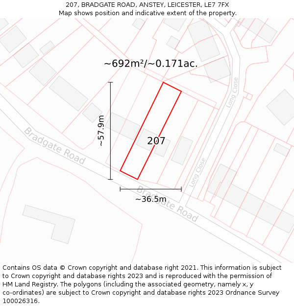 207, BRADGATE ROAD, ANSTEY, LEICESTER, LE7 7FX: Plot and title map