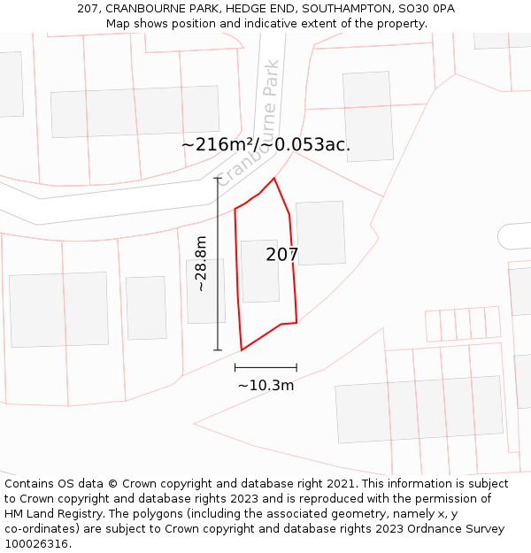 207, CRANBOURNE PARK, HEDGE END, SOUTHAMPTON, SO30 0PA: Plot and title map