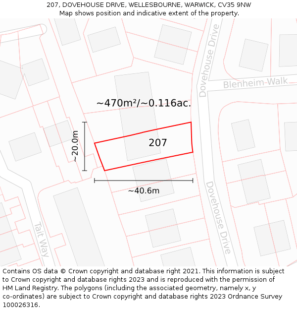 207, DOVEHOUSE DRIVE, WELLESBOURNE, WARWICK, CV35 9NW: Plot and title map