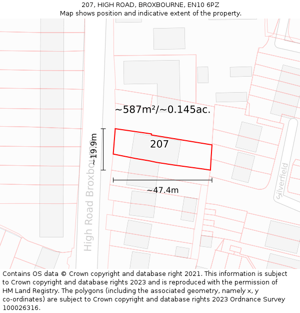 207, HIGH ROAD, BROXBOURNE, EN10 6PZ: Plot and title map