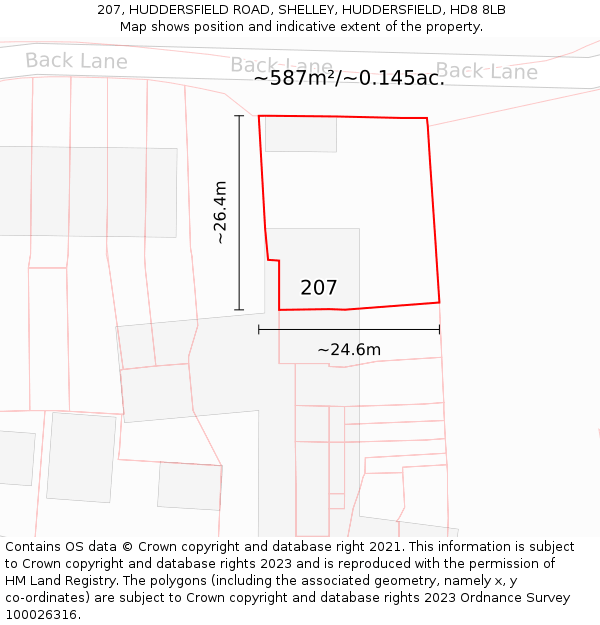 207, HUDDERSFIELD ROAD, SHELLEY, HUDDERSFIELD, HD8 8LB: Plot and title map