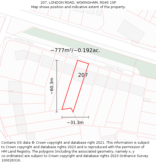 207, LONDON ROAD, WOKINGHAM, RG40 1SP: Plot and title map