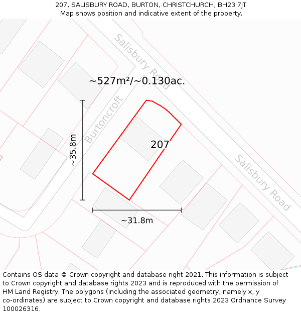 207, SALISBURY ROAD, BURTON, CHRISTCHURCH, BH23 7JT: Plot and title map