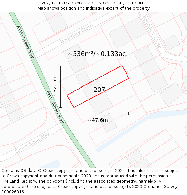 207, TUTBURY ROAD, BURTON-ON-TRENT, DE13 0NZ: Plot and title map