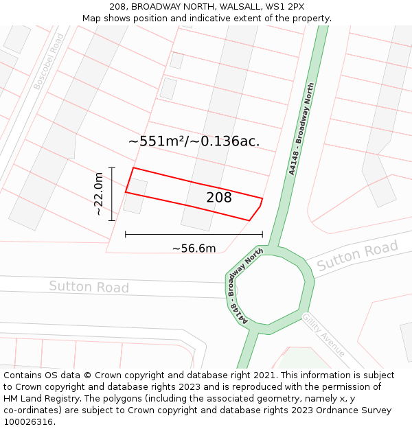 208, BROADWAY NORTH, WALSALL, WS1 2PX: Plot and title map