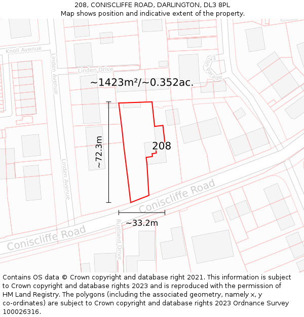 208, CONISCLIFFE ROAD, DARLINGTON, DL3 8PL: Plot and title map