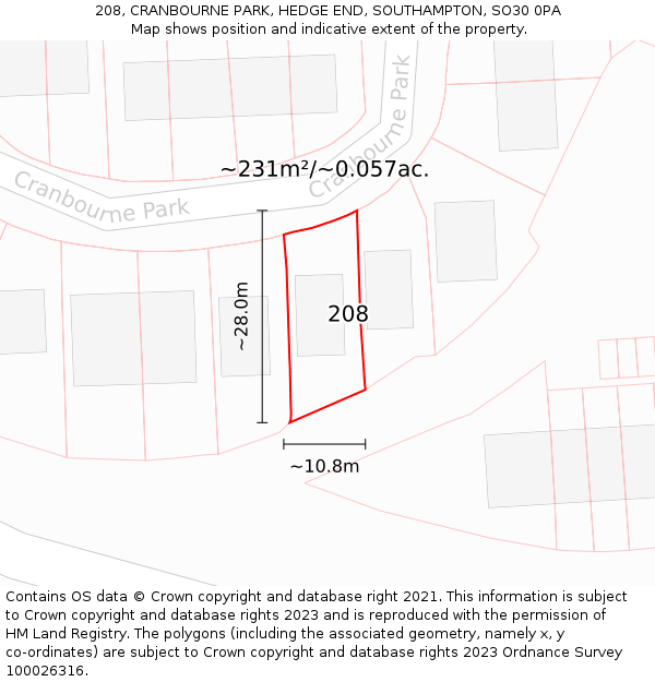 208, CRANBOURNE PARK, HEDGE END, SOUTHAMPTON, SO30 0PA: Plot and title map