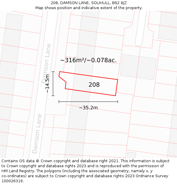 208, DAMSON LANE, SOLIHULL, B92 9JZ: Plot and title map