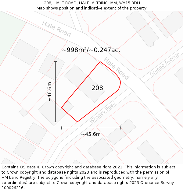 208, HALE ROAD, HALE, ALTRINCHAM, WA15 8DH: Plot and title map