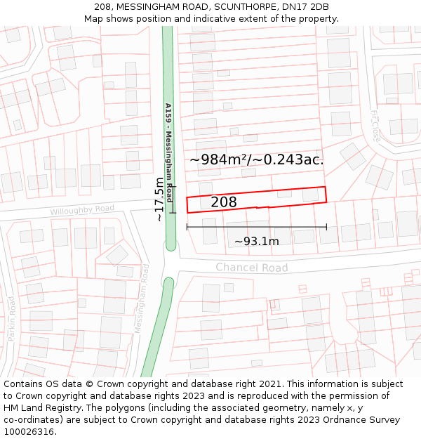 208, MESSINGHAM ROAD, SCUNTHORPE, DN17 2DB: Plot and title map