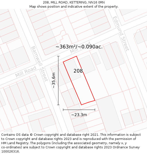 208, MILL ROAD, KETTERING, NN16 0RN: Plot and title map