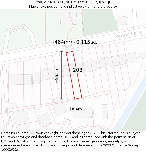 208, PENNS LANE, SUTTON COLDFIELD, B76 1JT: Plot and title map