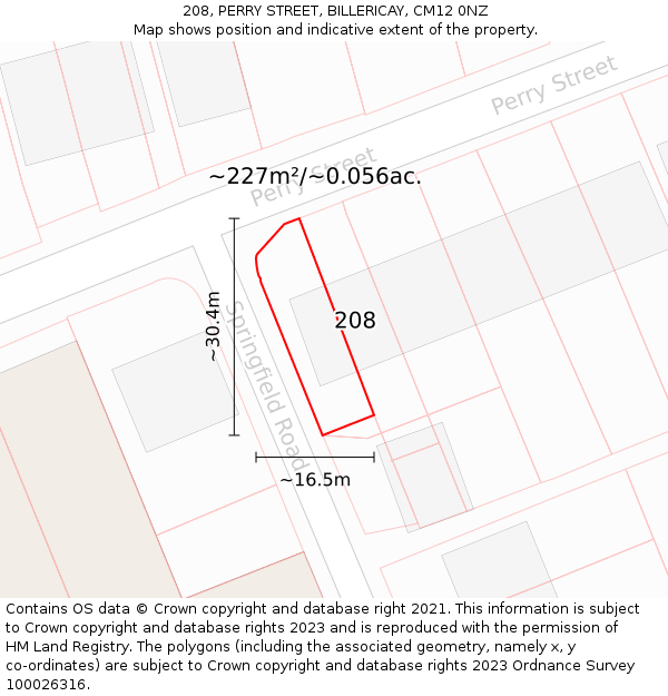 208, PERRY STREET, BILLERICAY, CM12 0NZ: Plot and title map