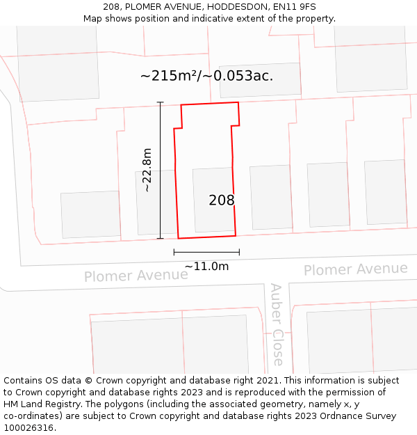 208, PLOMER AVENUE, HODDESDON, EN11 9FS: Plot and title map