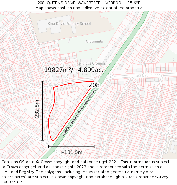 208, QUEENS DRIVE, WAVERTREE, LIVERPOOL, L15 6YF: Plot and title map