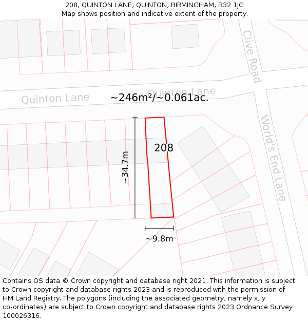 208, QUINTON LANE, QUINTON, BIRMINGHAM, B32 1JG: Plot and title map