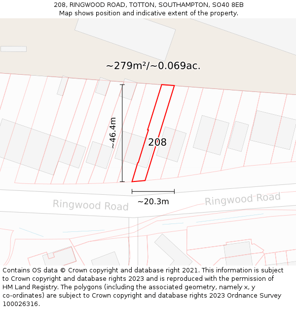 208, RINGWOOD ROAD, TOTTON, SOUTHAMPTON, SO40 8EB: Plot and title map