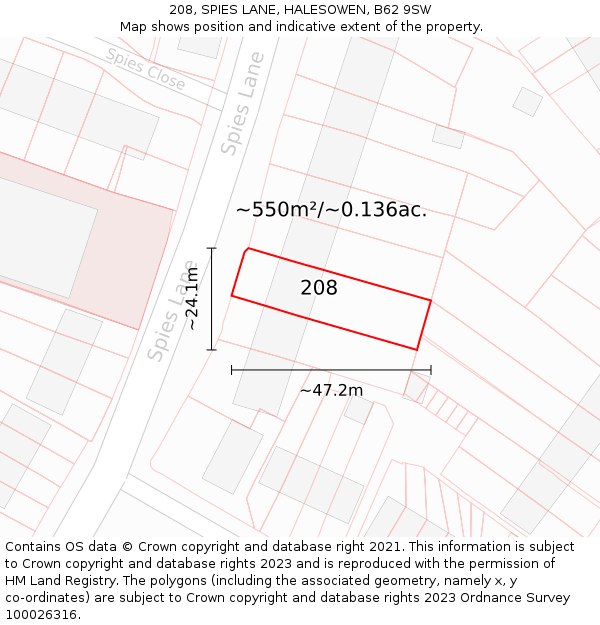 208, SPIES LANE, HALESOWEN, B62 9SW: Plot and title map