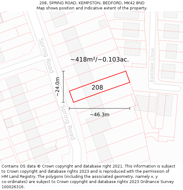 208, SPRING ROAD, KEMPSTON, BEDFORD, MK42 8ND: Plot and title map