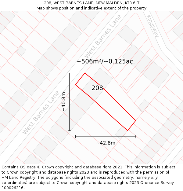 208, WEST BARNES LANE, NEW MALDEN, KT3 6LT: Plot and title map