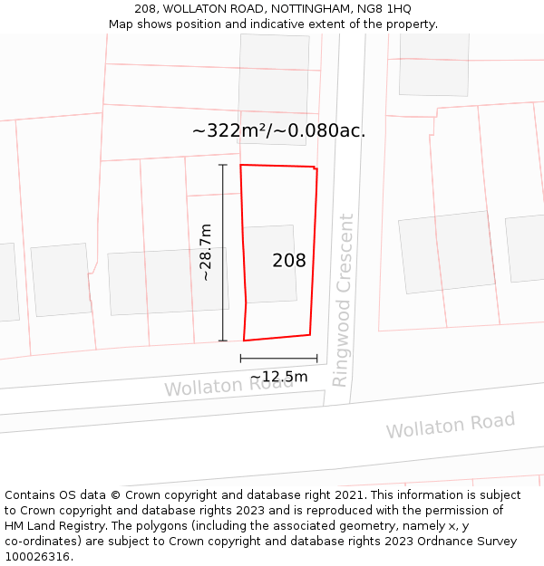 208, WOLLATON ROAD, NOTTINGHAM, NG8 1HQ: Plot and title map