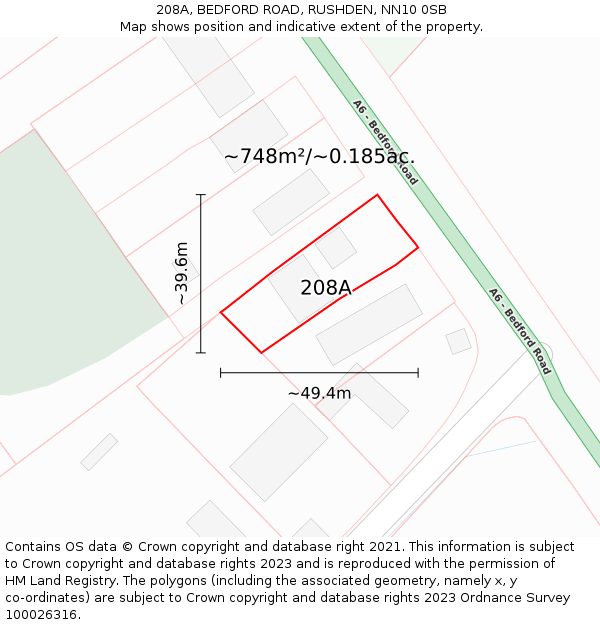 208A, BEDFORD ROAD, RUSHDEN, NN10 0SB: Plot and title map