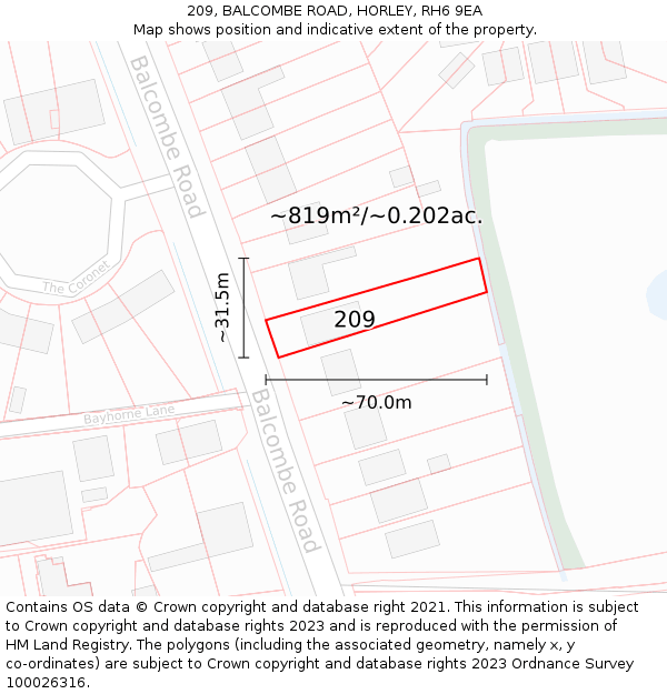 209, BALCOMBE ROAD, HORLEY, RH6 9EA: Plot and title map