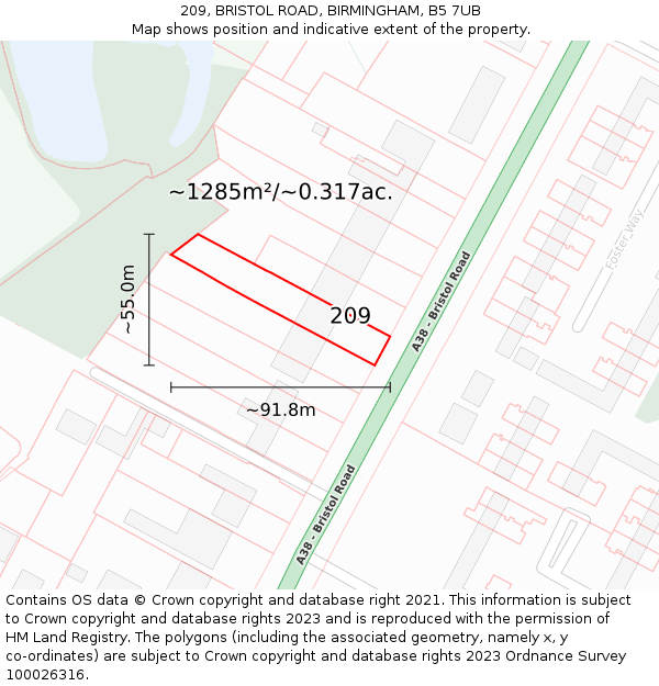 209, BRISTOL ROAD, BIRMINGHAM, B5 7UB: Plot and title map