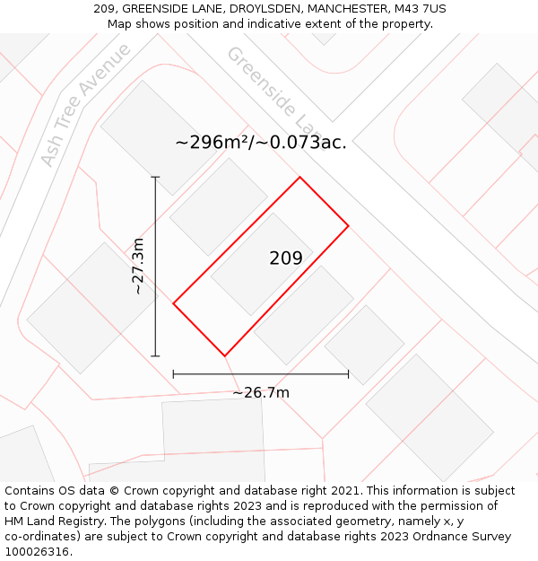209, GREENSIDE LANE, DROYLSDEN, MANCHESTER, M43 7US: Plot and title map