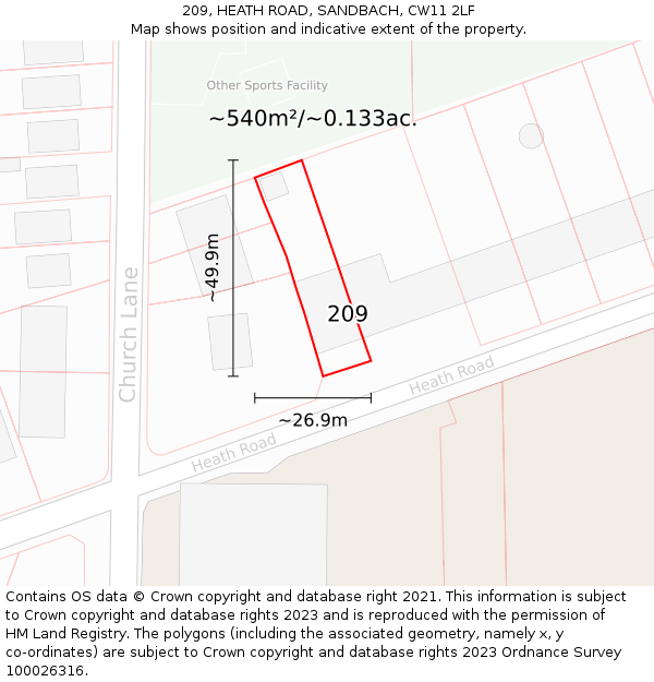209, HEATH ROAD, SANDBACH, CW11 2LF: Plot and title map