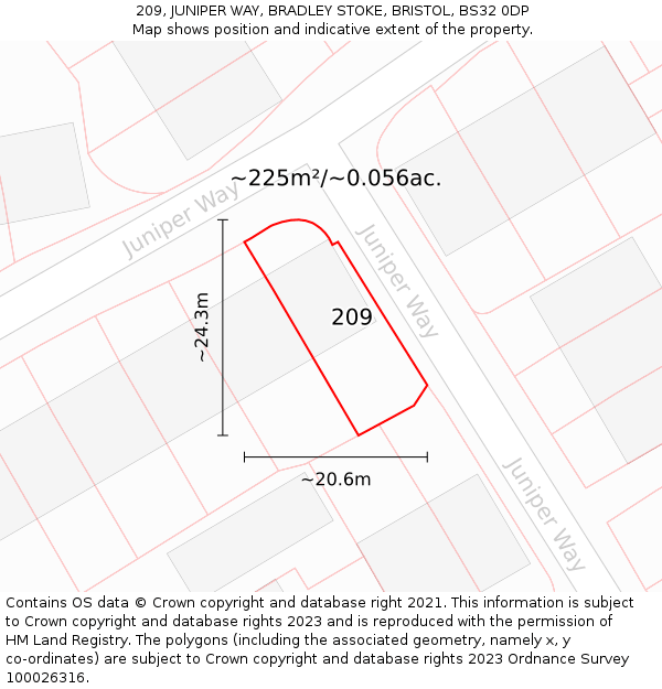 209, JUNIPER WAY, BRADLEY STOKE, BRISTOL, BS32 0DP: Plot and title map