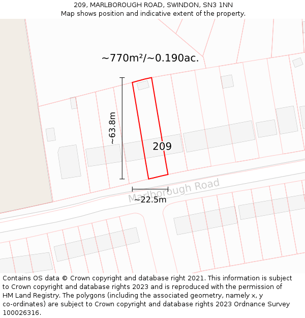209, MARLBOROUGH ROAD, SWINDON, SN3 1NN: Plot and title map