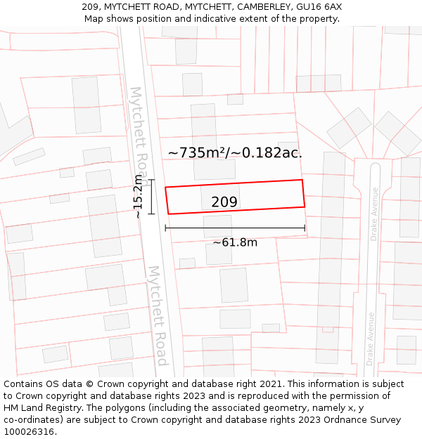 209, MYTCHETT ROAD, MYTCHETT, CAMBERLEY, GU16 6AX: Plot and title map