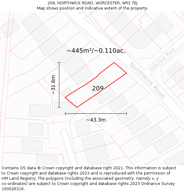 209, NORTHWICK ROAD, WORCESTER, WR3 7EJ: Plot and title map