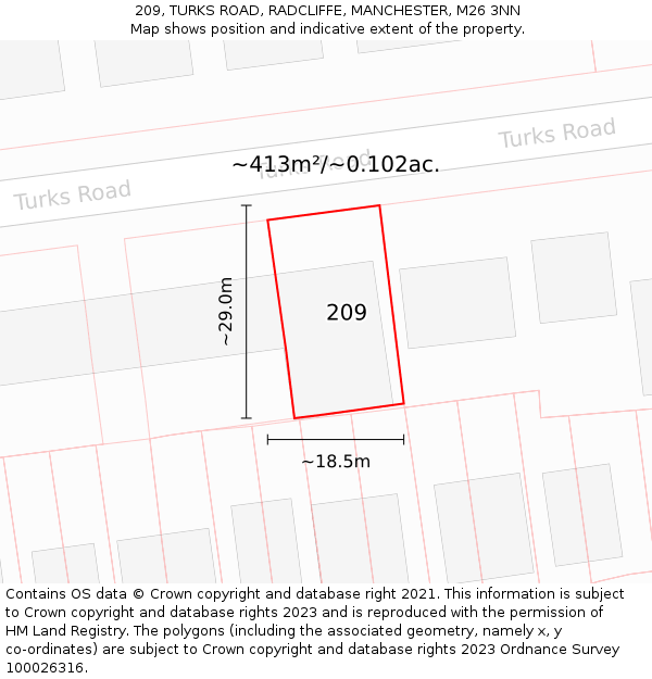 209, TURKS ROAD, RADCLIFFE, MANCHESTER, M26 3NN: Plot and title map