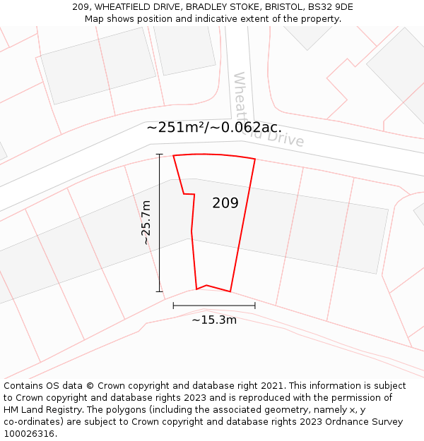 209, WHEATFIELD DRIVE, BRADLEY STOKE, BRISTOL, BS32 9DE: Plot and title map
