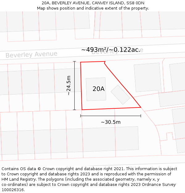20A, BEVERLEY AVENUE, CANVEY ISLAND, SS8 0DN: Plot and title map