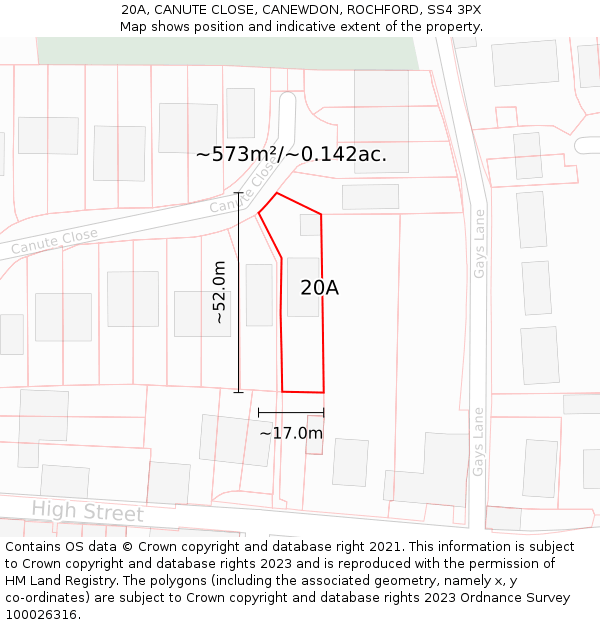 20A, CANUTE CLOSE, CANEWDON, ROCHFORD, SS4 3PX: Plot and title map