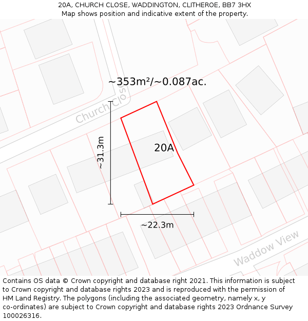 20A, CHURCH CLOSE, WADDINGTON, CLITHEROE, BB7 3HX: Plot and title map