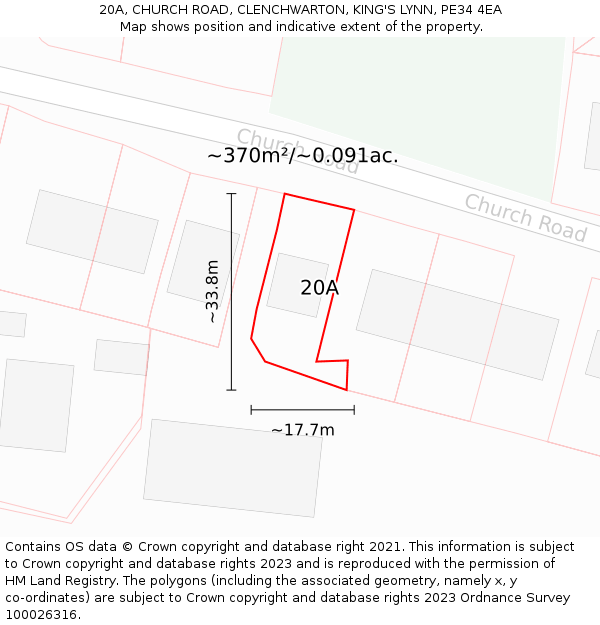 20A, CHURCH ROAD, CLENCHWARTON, KING'S LYNN, PE34 4EA: Plot and title map