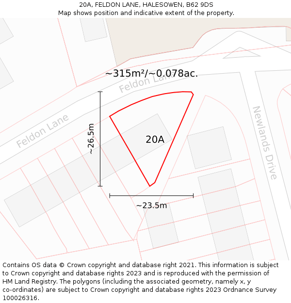 20A, FELDON LANE, HALESOWEN, B62 9DS: Plot and title map