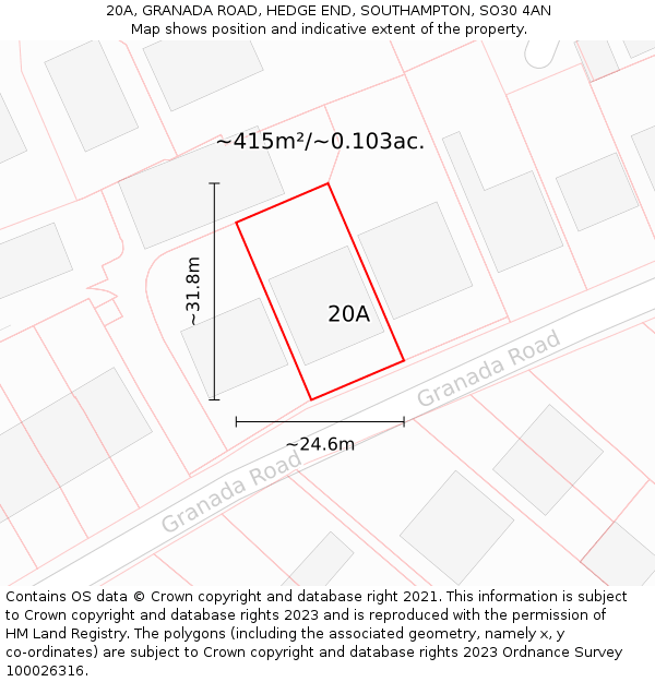 20A, GRANADA ROAD, HEDGE END, SOUTHAMPTON, SO30 4AN: Plot and title map