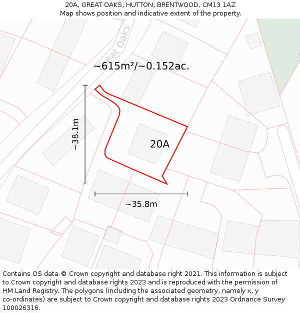 20A, GREAT OAKS, HUTTON, BRENTWOOD, CM13 1AZ: Plot and title map