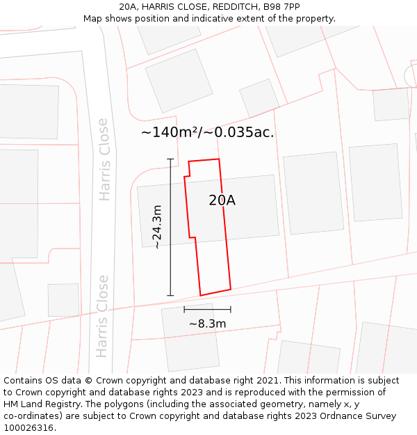 20A, HARRIS CLOSE, REDDITCH, B98 7PP: Plot and title map